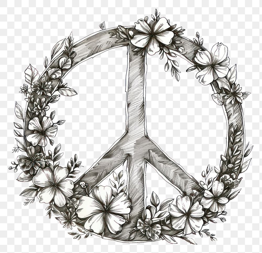 PNG Floral inside Peace Sign Shape illustrated drawing sketch.