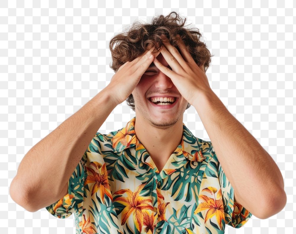 PNG Young male covering eyes with hands smiling cheerful and funny laughing clothing apparel.