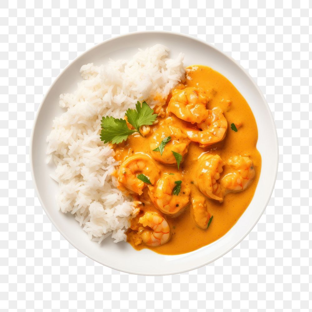 PNG Shrimps in curry sauce and rice on a plate shrimp invertebrate seafood.