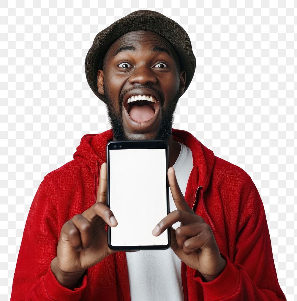 PNG Portrait of excited black guy holding big smartphone photo electronics photography.
