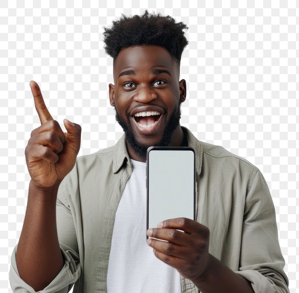 PNG Portrait of excited black guy holding big smartphone electronics surprised laughing.