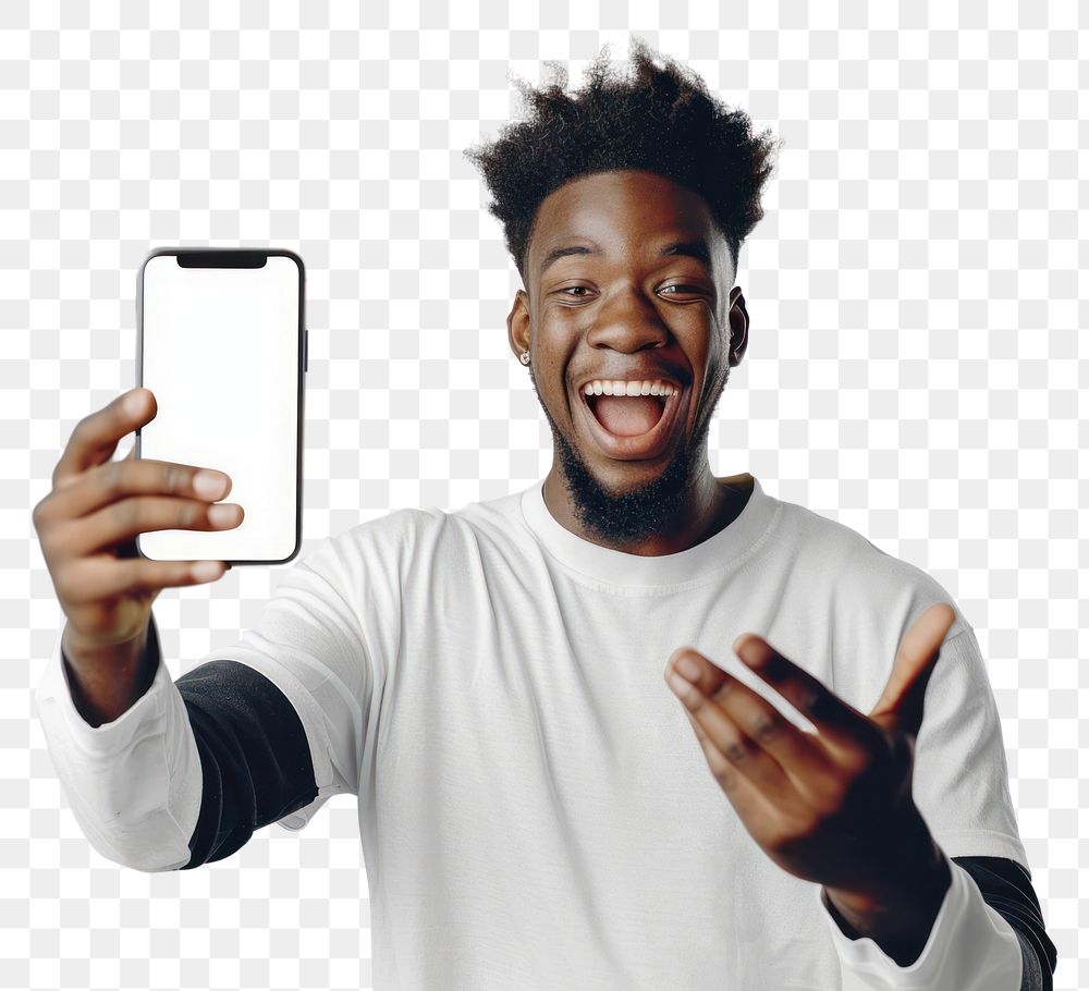 PNG Portrait of excited black guy holding big smartphone electronics surprised person.