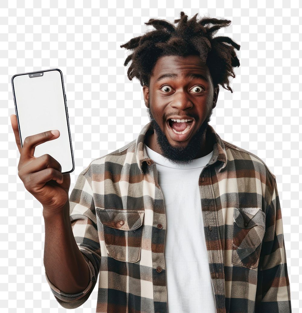 PNG Portrait of excited black guy holding big smartphone photo photography electronics.