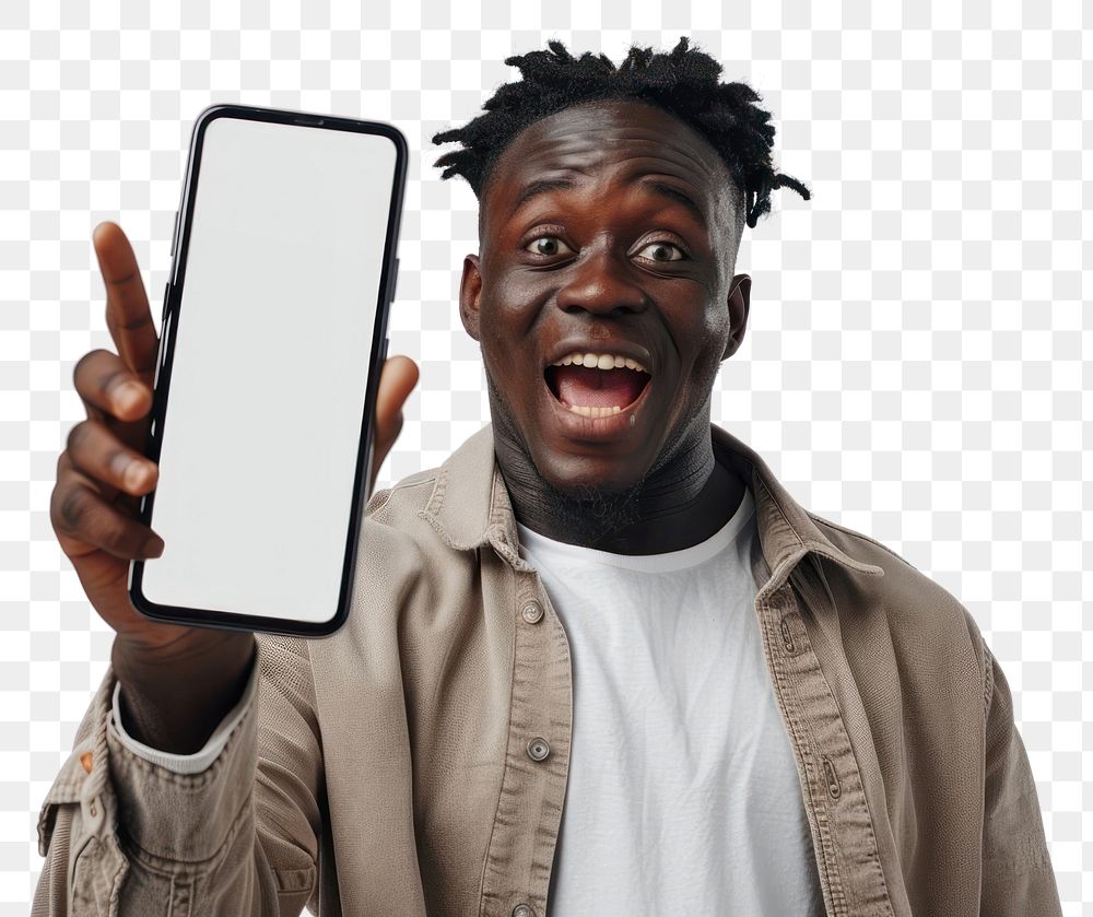 PNG Portrait of excited black guy holding big smartphone portrait photo photography.