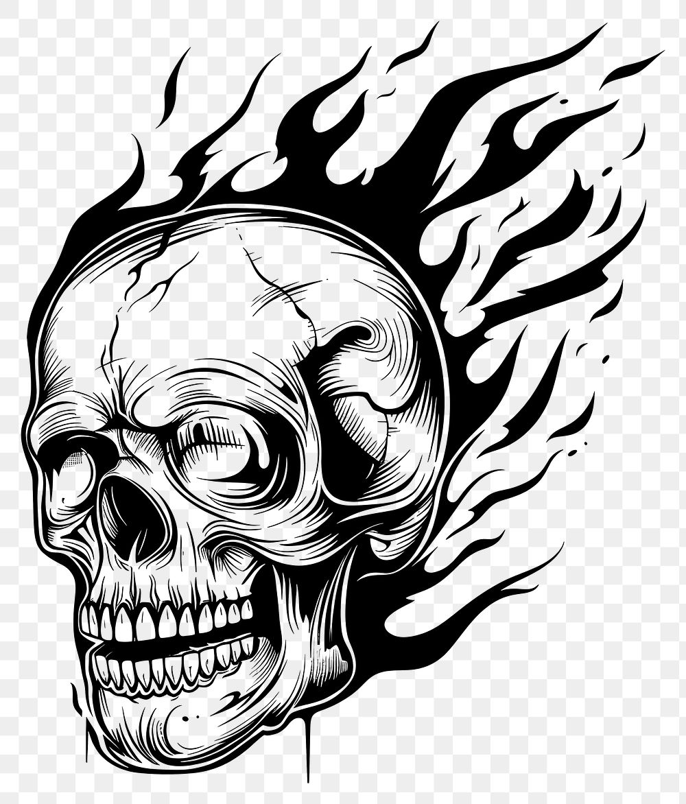 PNG Skull fire tattoo flat illustration illustrated stencil drawing.