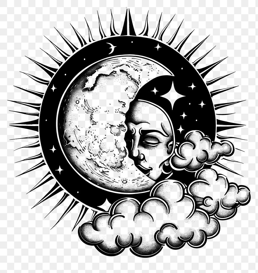 PNG Sun moon and clouds tattoo flat illustration logo illustrated drawing.