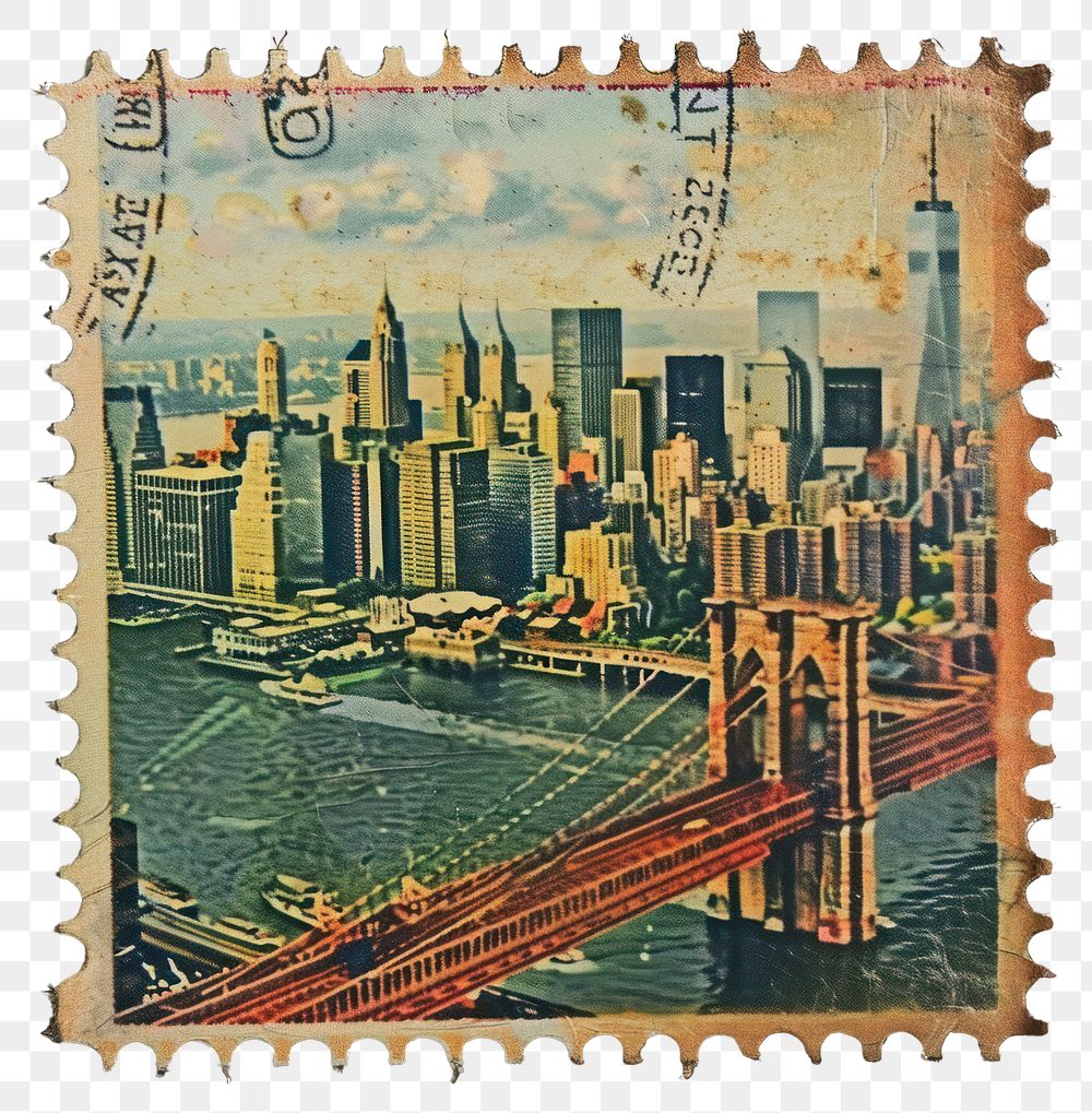 PNG Vintage postage stamp with cityscape metropolis bridge urban.