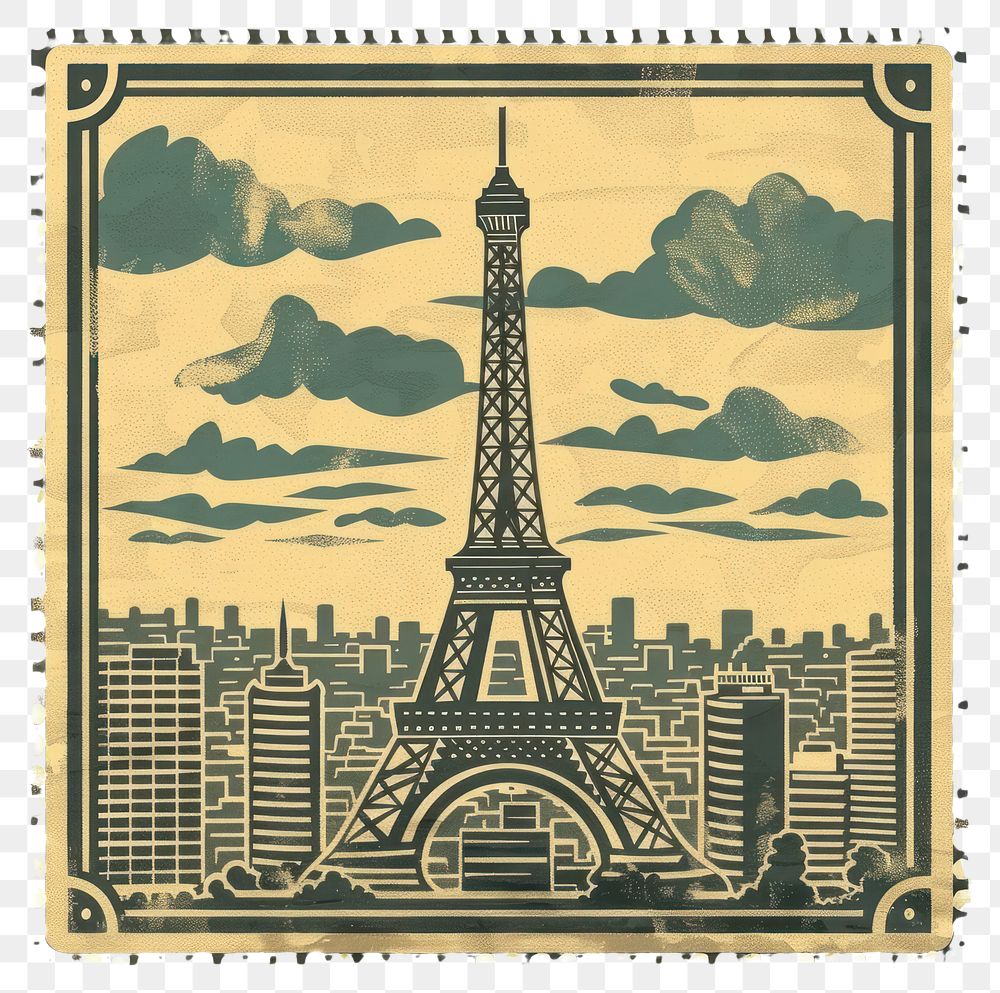 PNG Vintage postage stamp with cityscape blackboard qr code.