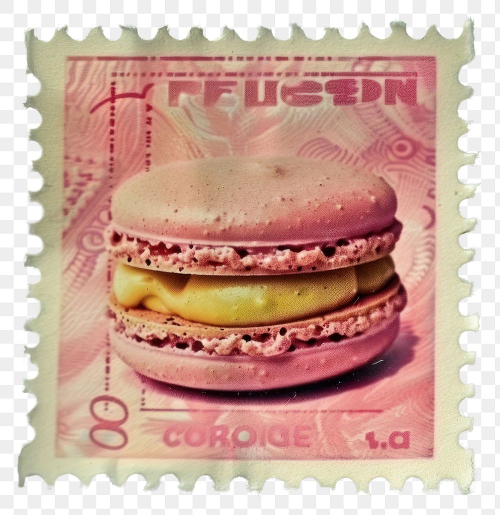 PNG Vintage postage stamp with macaron confectionery sweets burger.