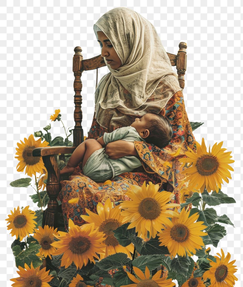 PNG Muslim mother sunflower baby illustrated.