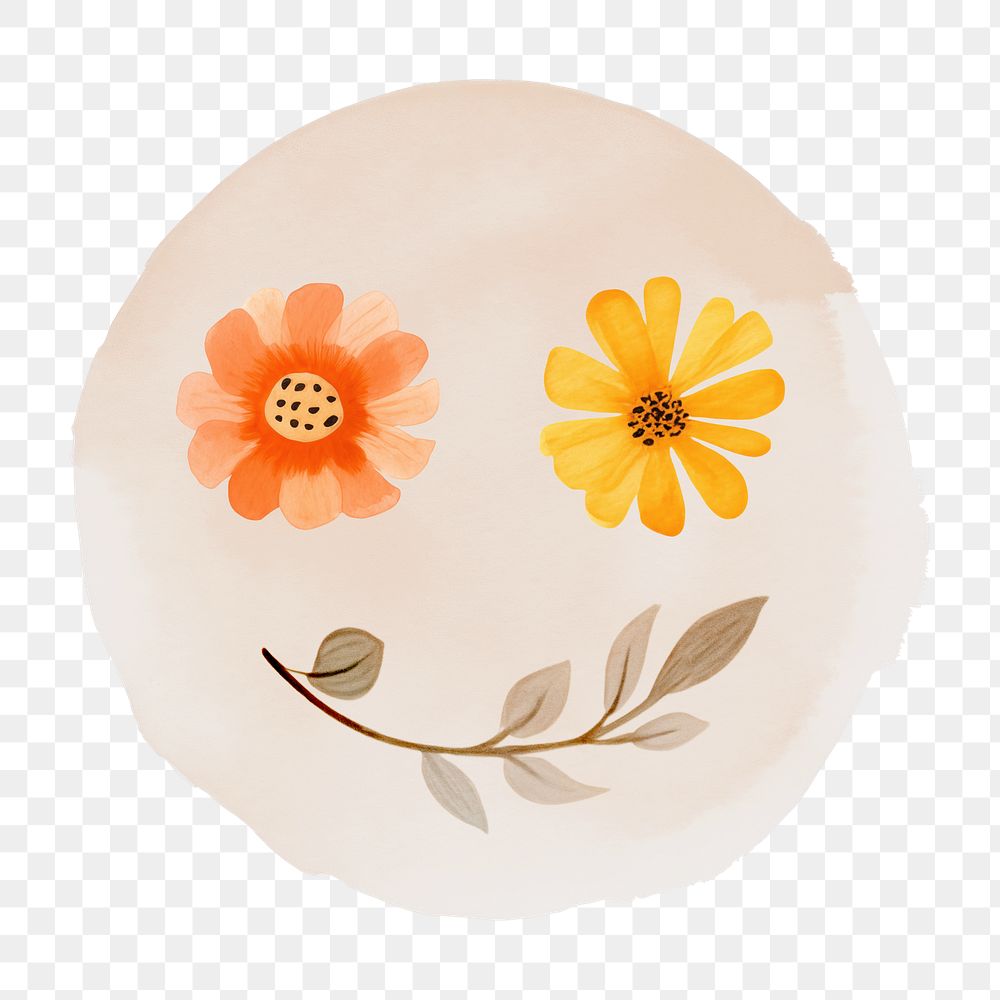 Floral smiling face png watercolor icon, transparent background