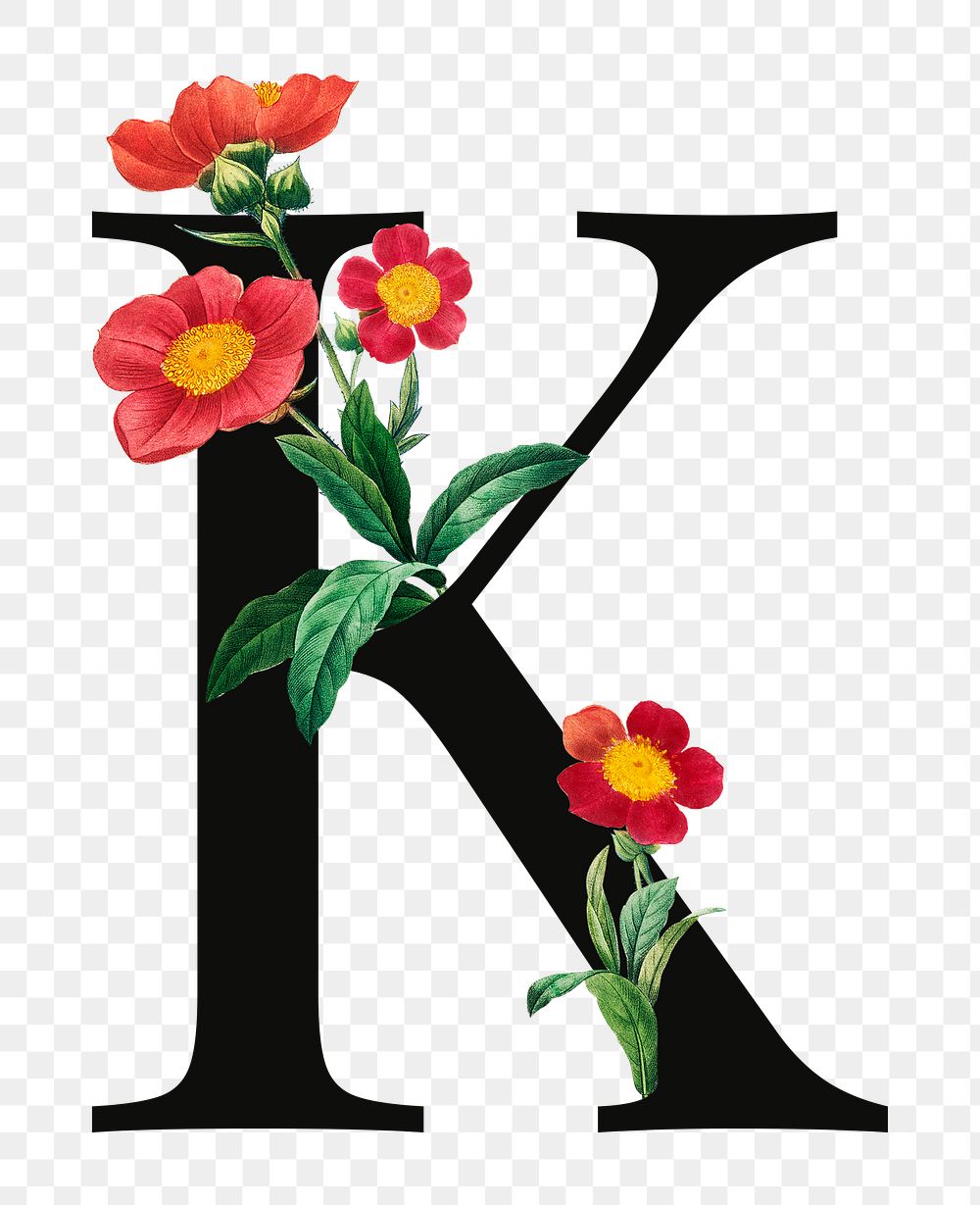 PNG Letter K floral font, transparent background
