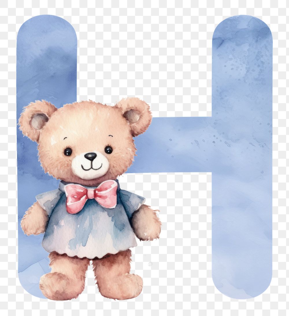 Letter H png blue watercolor alphabet with animal character, transparent background