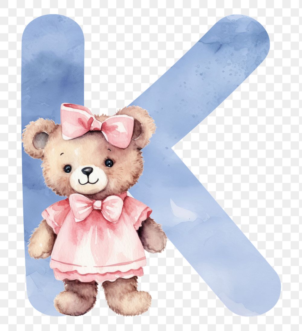 Letter K png blue watercolor alphabet with animal character, transparent background