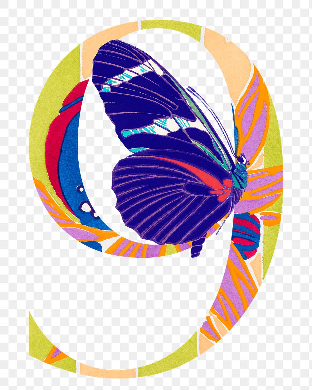Number 9 png Seguy Papillons art illustration, transparent background