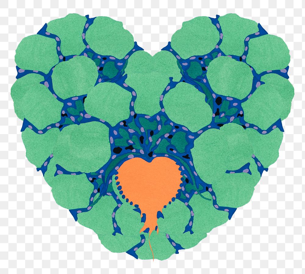 Vintage green heart png Seguy Papillons art illustration, transparent background