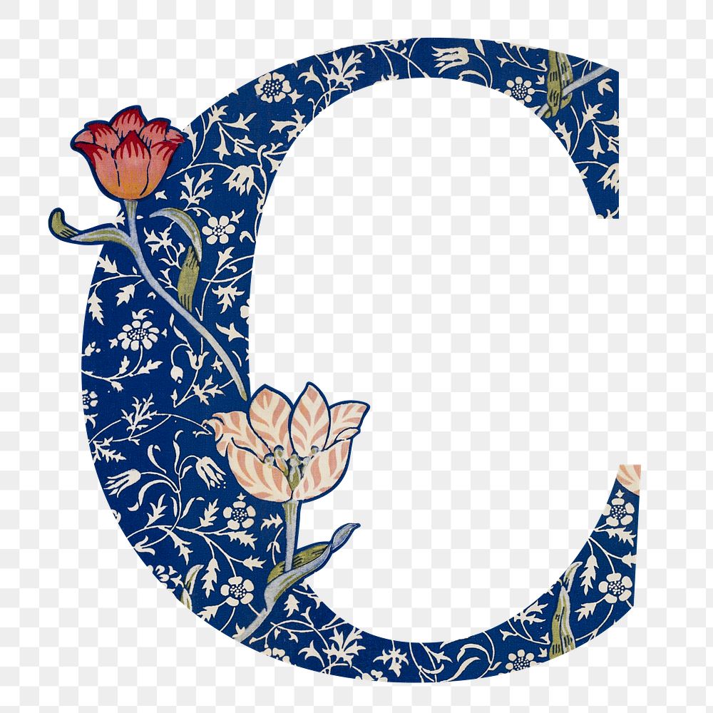 PNG Letter C botanical pattern font, inspired by William Morris, transparent background
