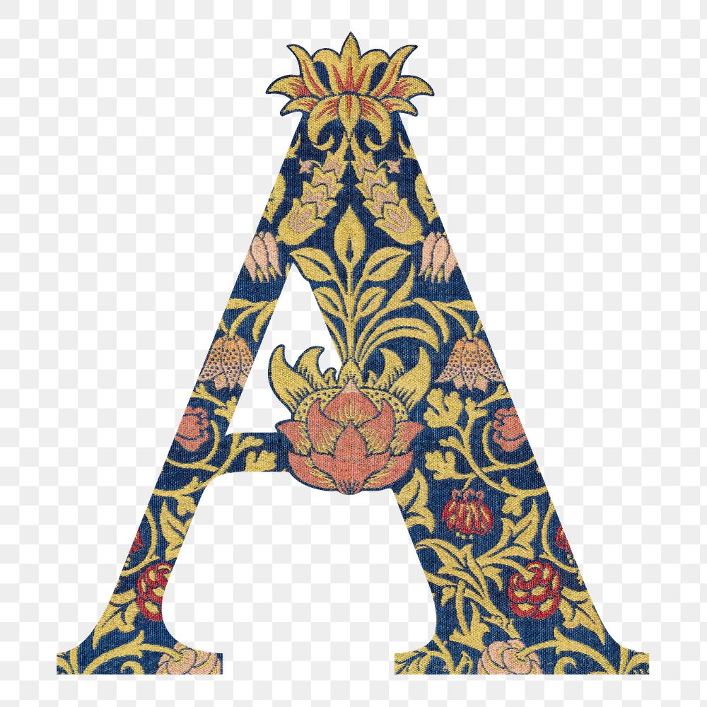 PNG Letter A botanical pattern font, inspired by William Morris, transparent background