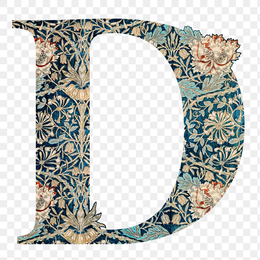 PNG Letter D botanical pattern font, inspired by William Morris, transparent background