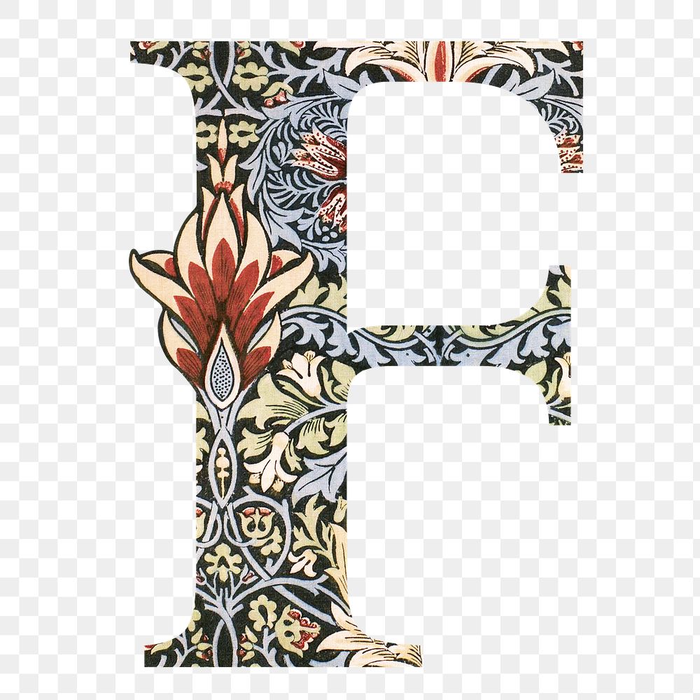 PNG Letter F botanical pattern font, inspired by William Morris, transparent background
