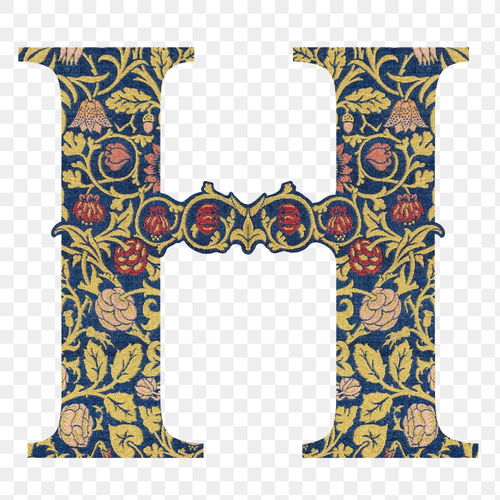 PNG Letter H botanical pattern font, inspired by William Morris, transparent background