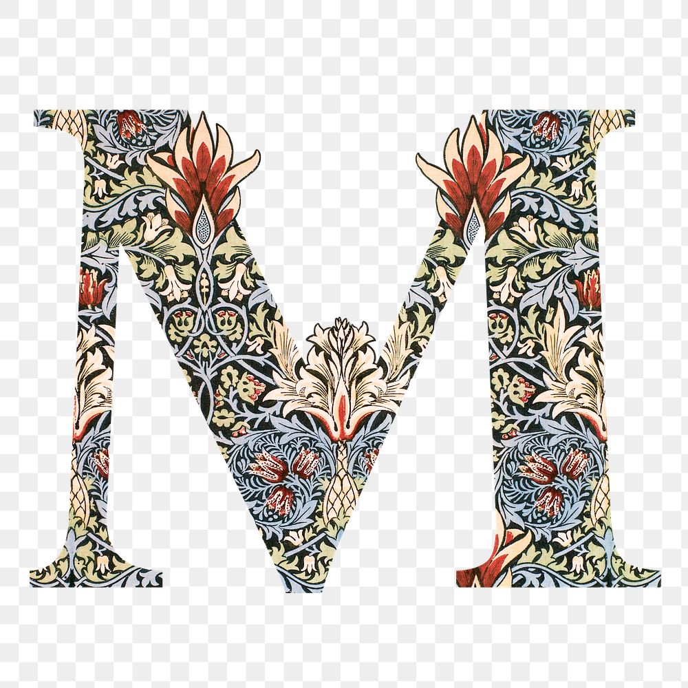 PNG Letter M botanical pattern font, inspired by William Morris, transparent background