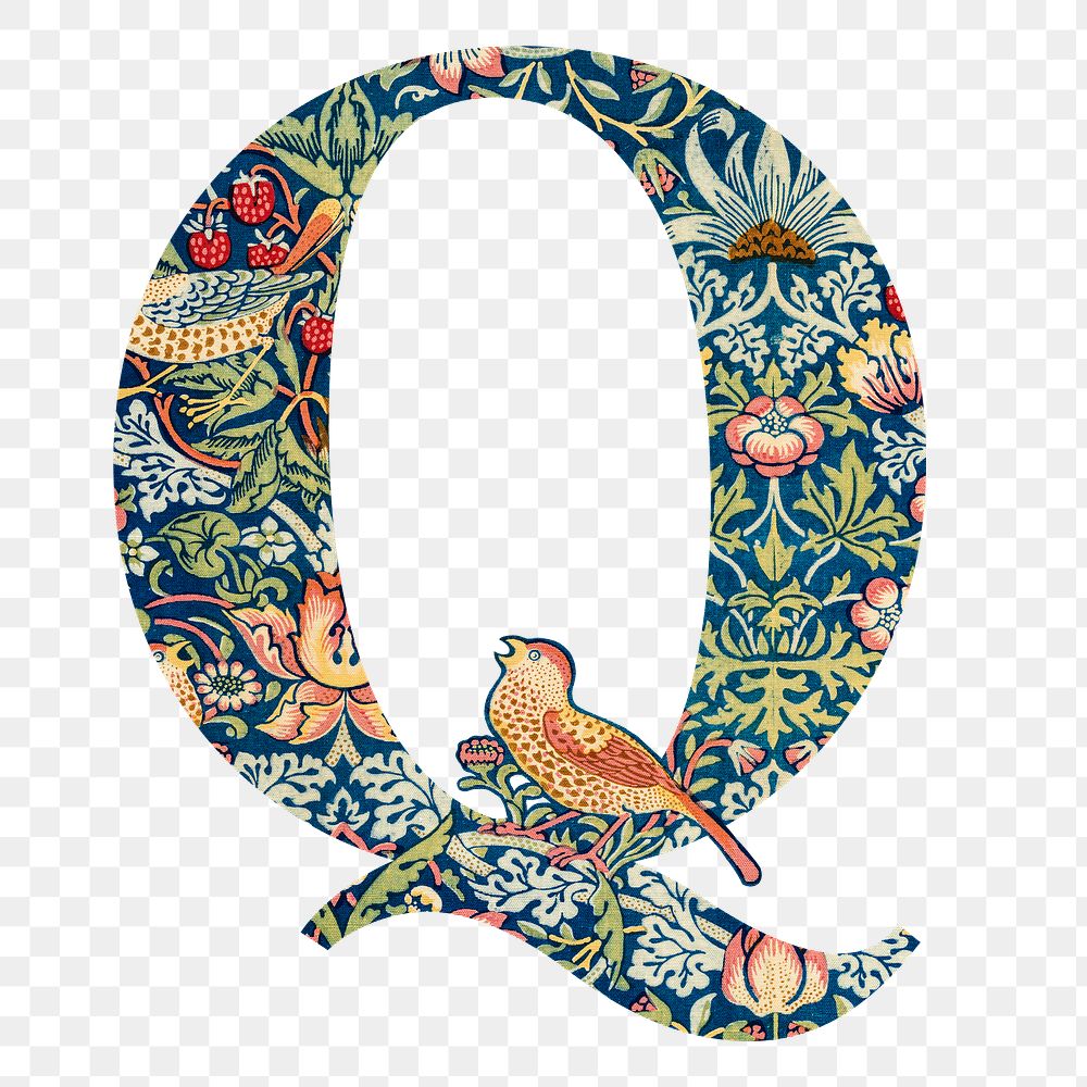 PNG Letter Q botanical pattern font, inspired by William Morris, transparent background