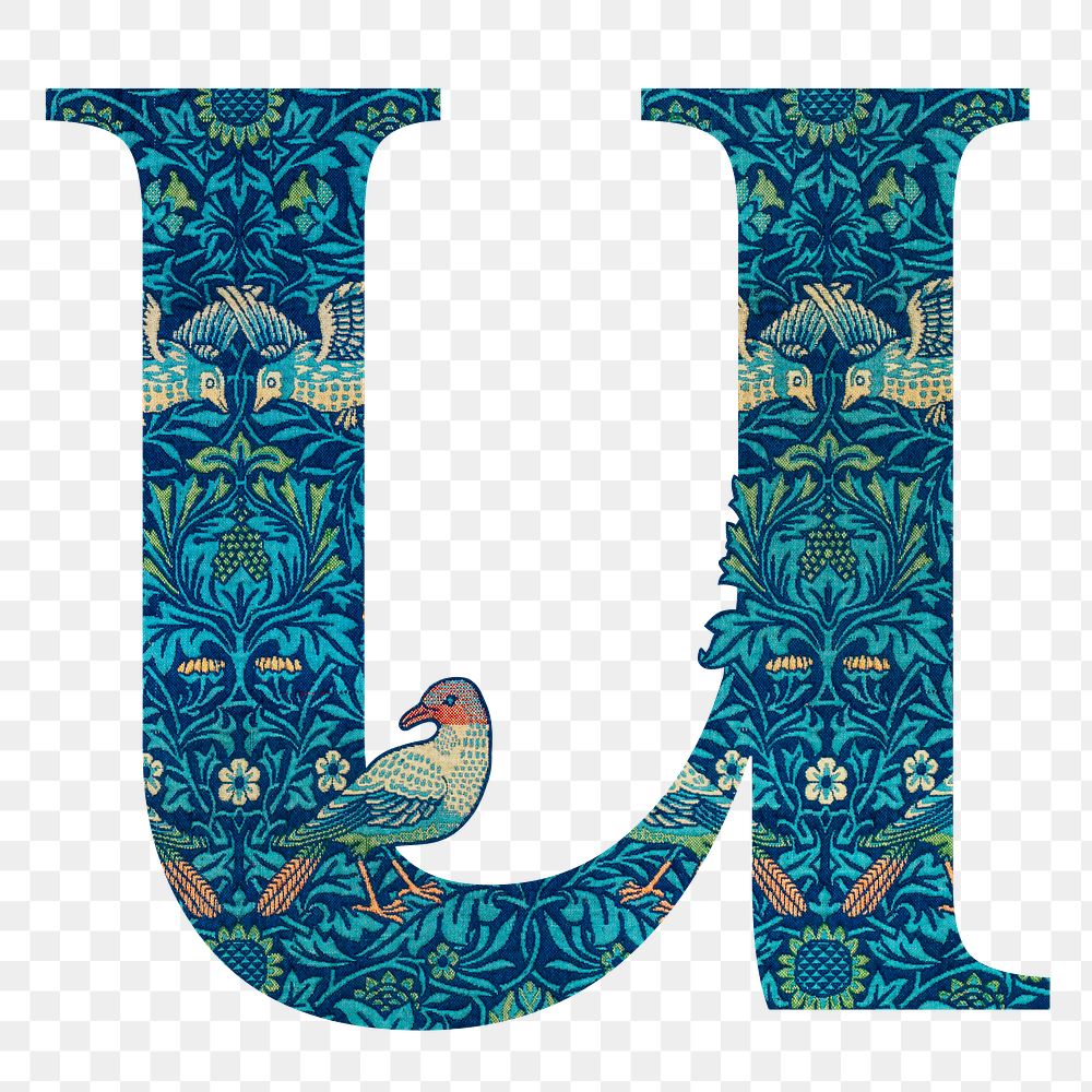 PNG Letter U botanical pattern font, inspired by William Morris, transparent background