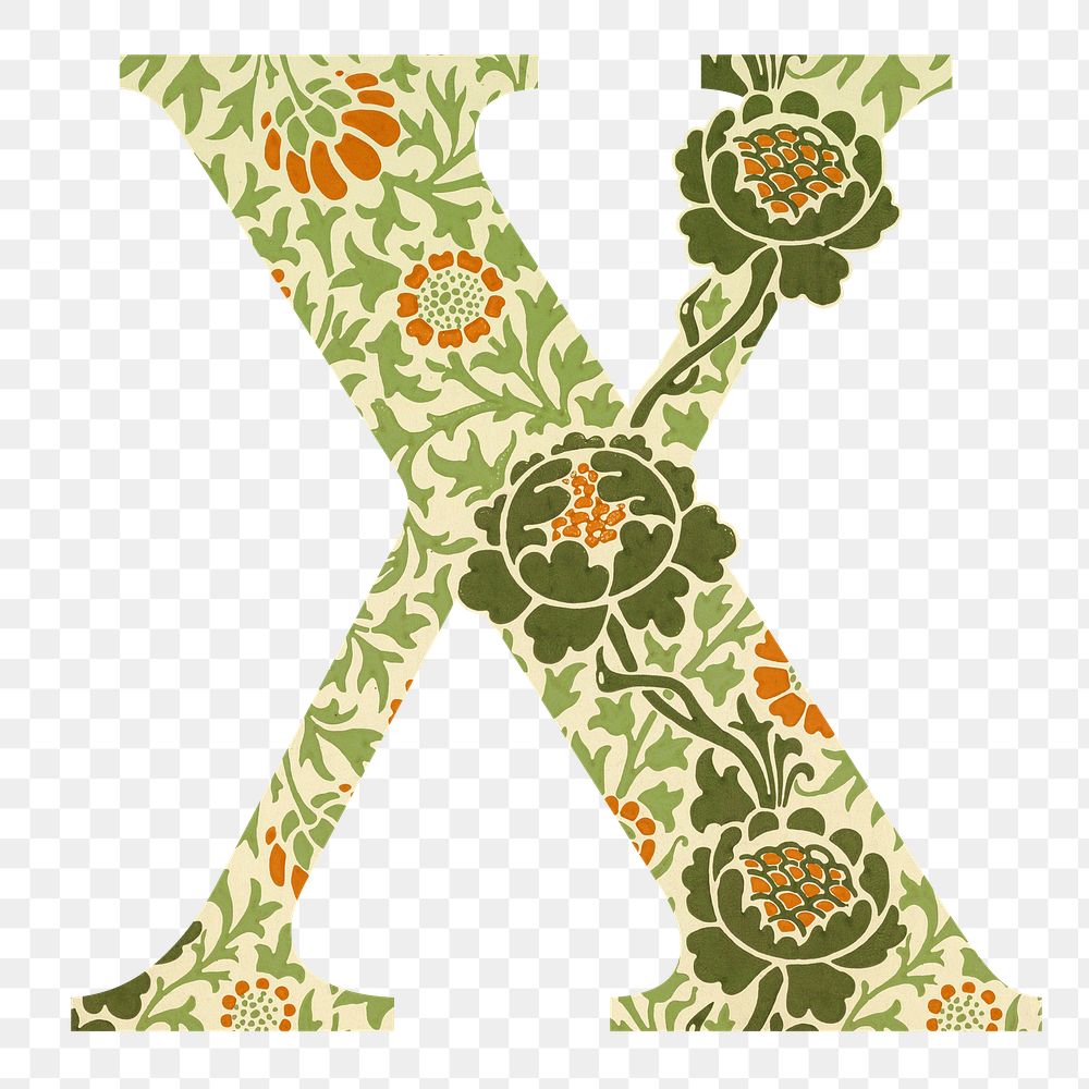 PNG Letter X botanical pattern font, inspired by William Morris, transparent background