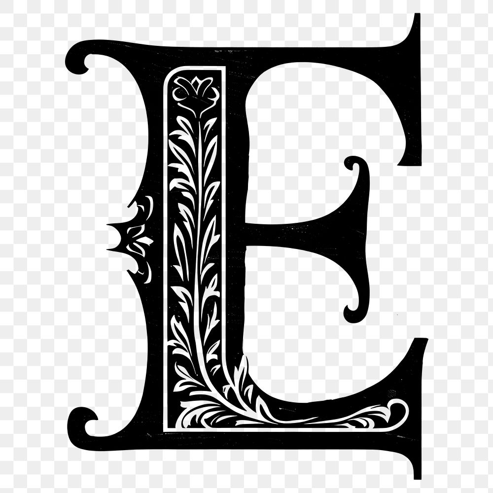 Letter E PNG in classic medieval art alphabet, transparent background