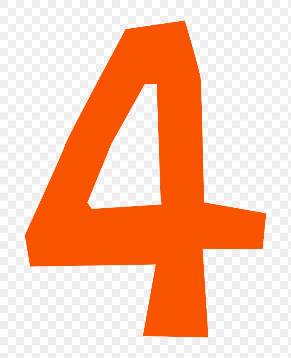 Number 4 png in orange paper cut shape font, transparent background