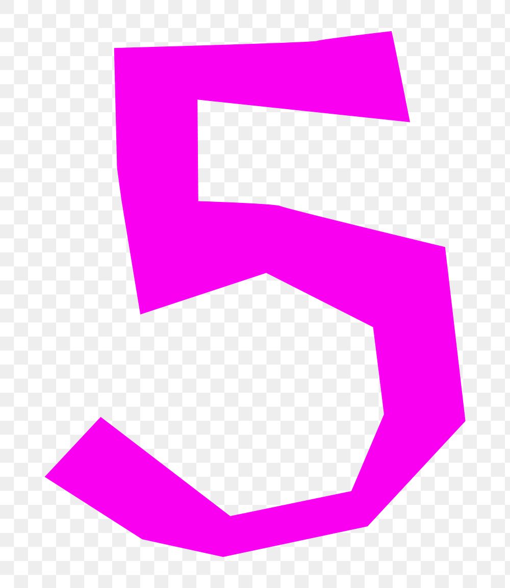 Number 5 png in pink paper cut shape font, transparent background