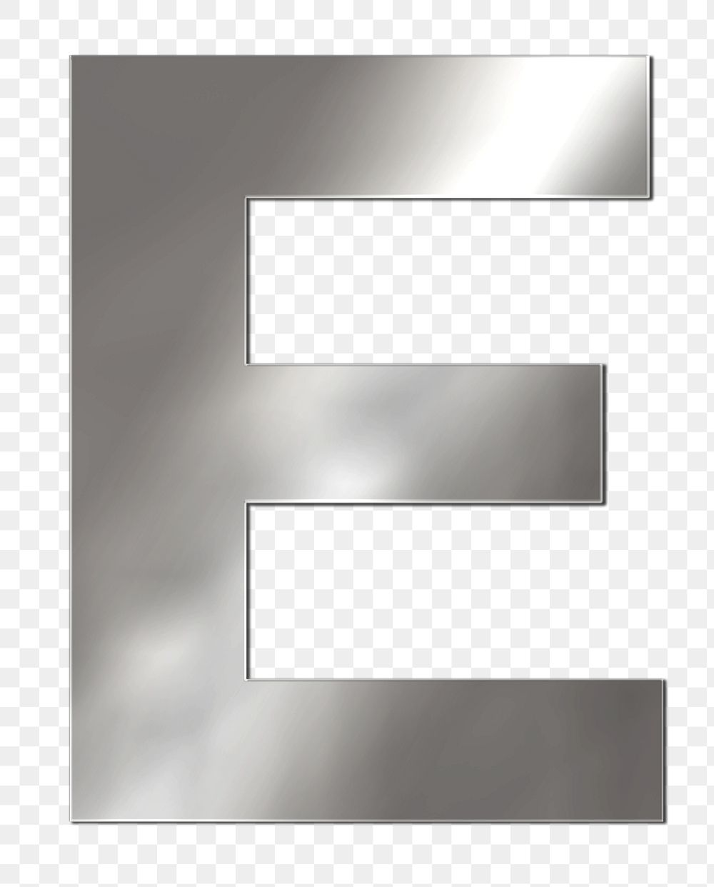 PNG alphabet e silver metallic font, transparent background