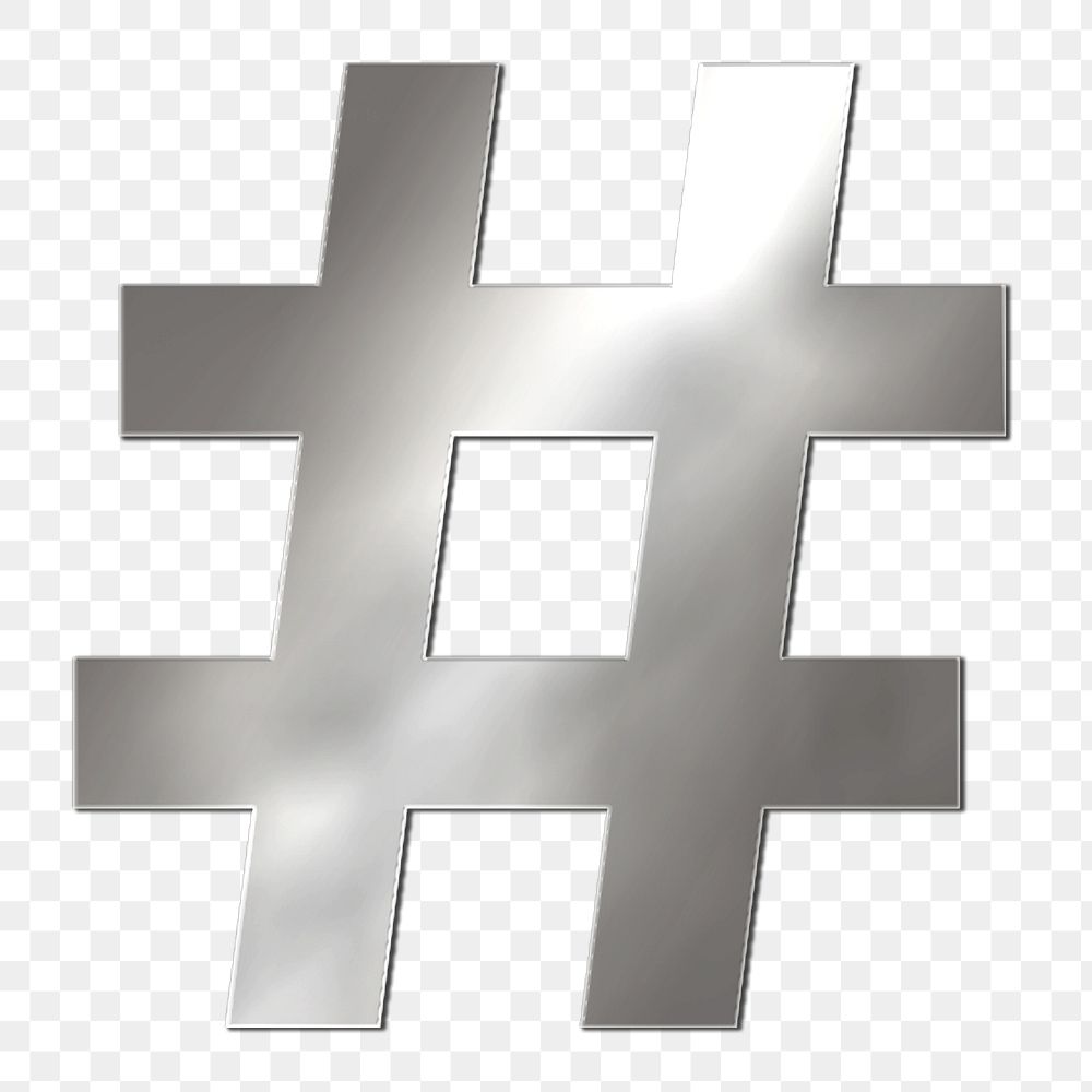PNG hashtag symbol silver metallic font, transparent background