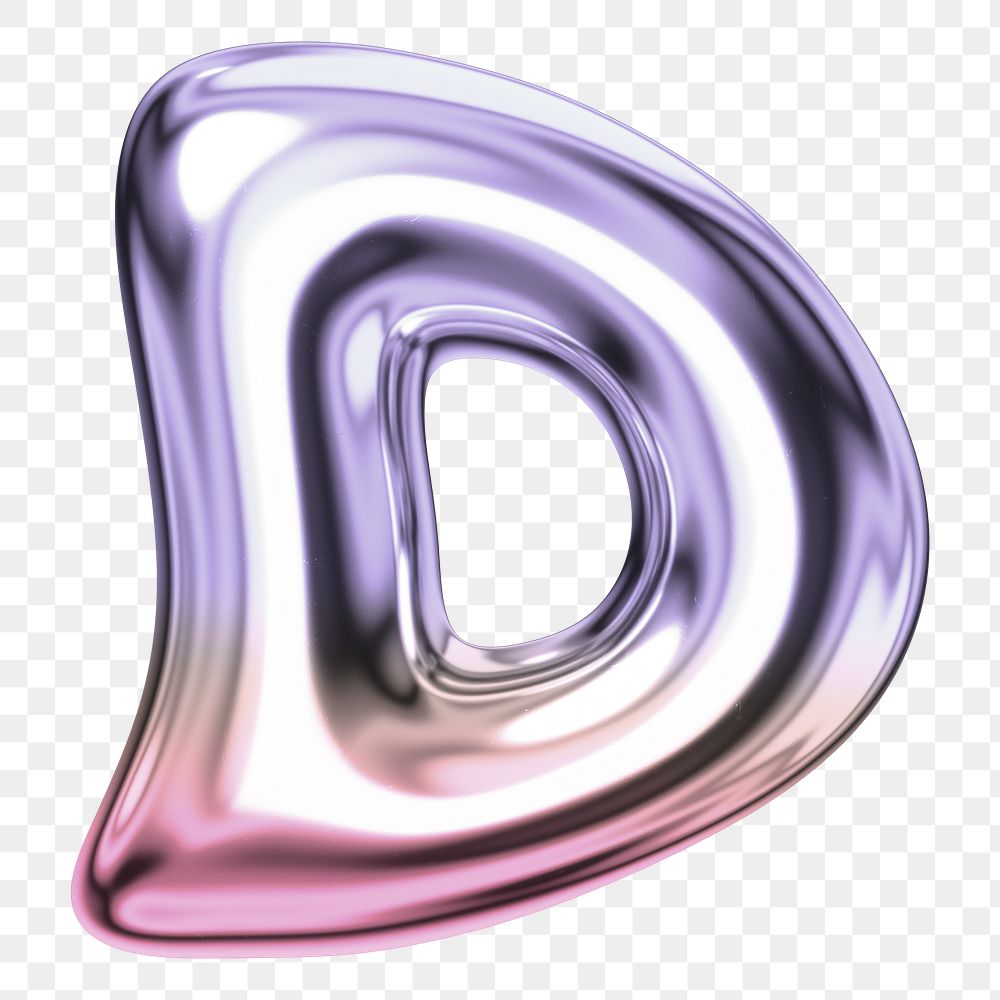Letter D png holographic fluid chrome font, transparent background