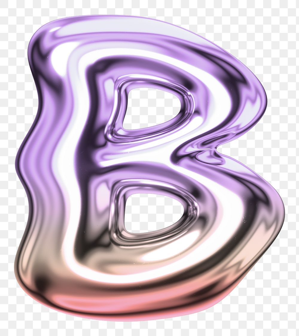 Letter B png holographic fluid chrome font, transparent background