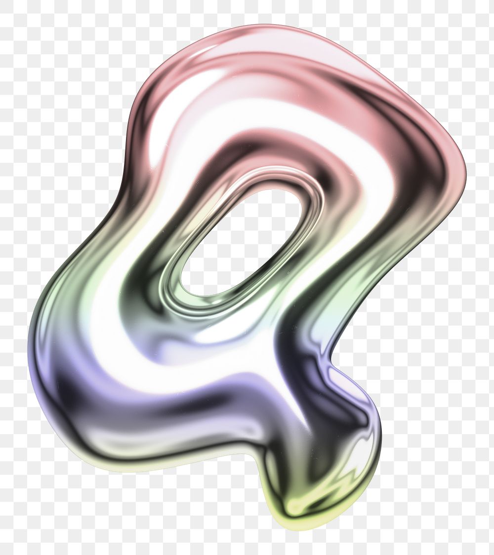 Letter Q png holographic fluid chrome font, transparent background
