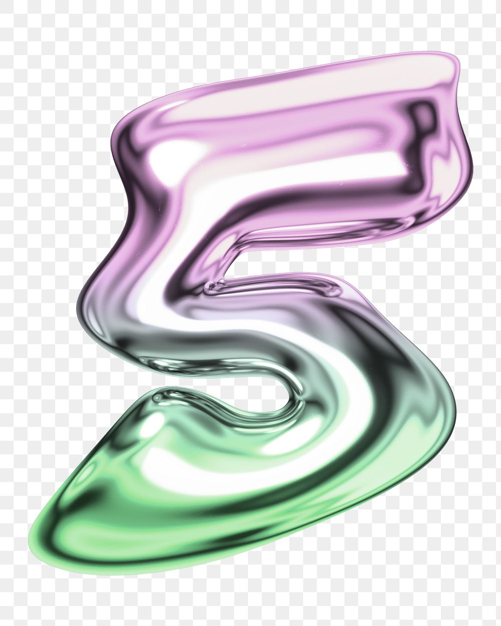 Number 5 png holographic fluid chrome font, transparent background
