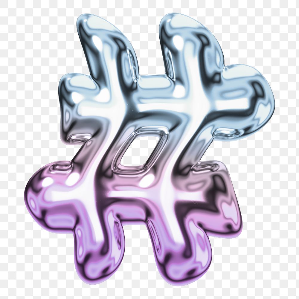 Hashtag sign png holographic fluid chrome symbol, transparent background