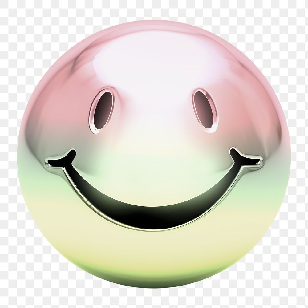 Smiling face  icon png holographic fluid chrome shape, transparent background