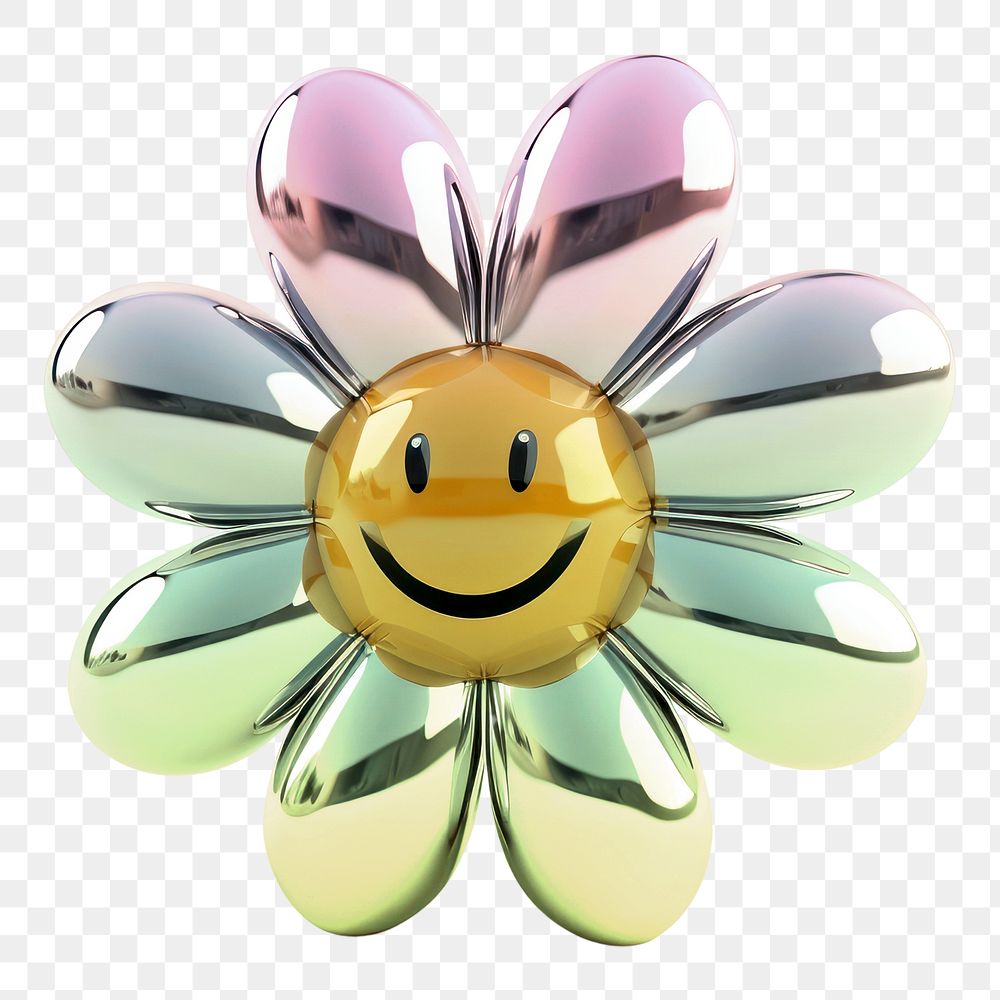 Smiling flower  icon png holographic fluid chrome shape, transparent background