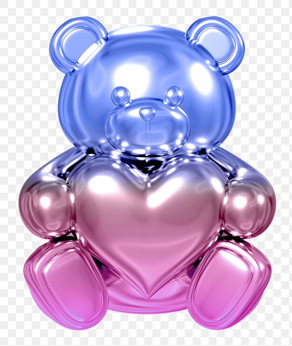 Teddy bear  icon png holographic fluid chrome shape, transparent background