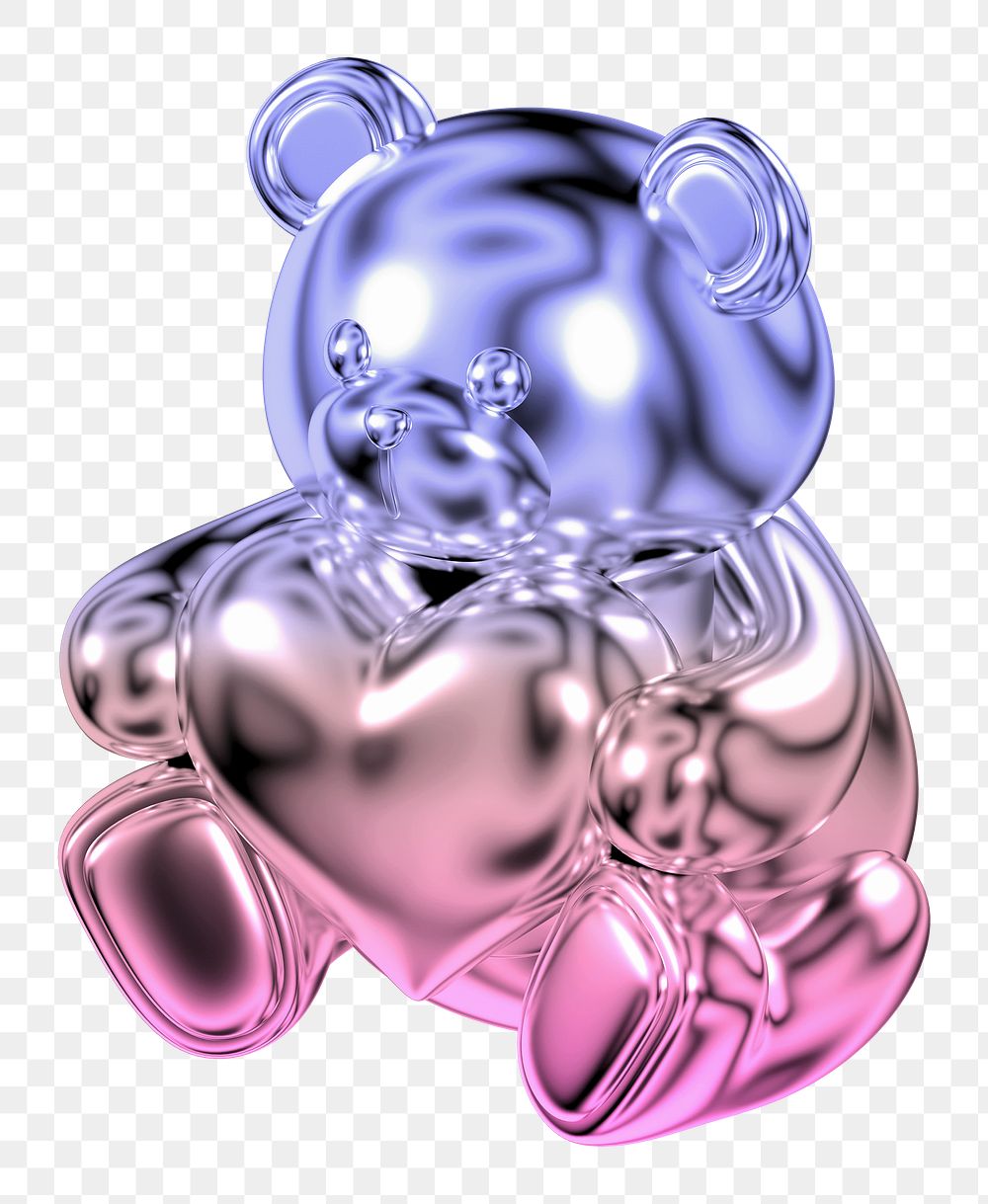 Teddy bear  icon png holographic fluid chrome shape, transparent background