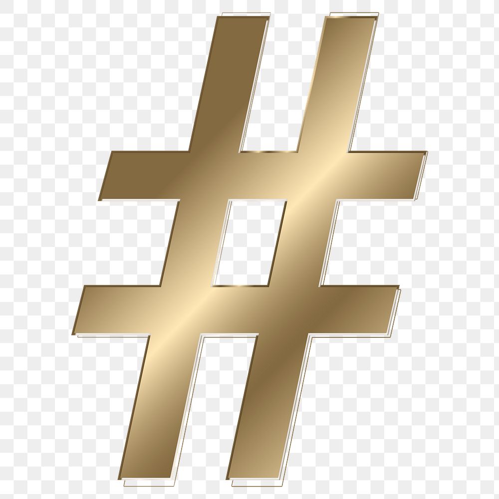 Hashtag png gold metallic symbol, transparent background