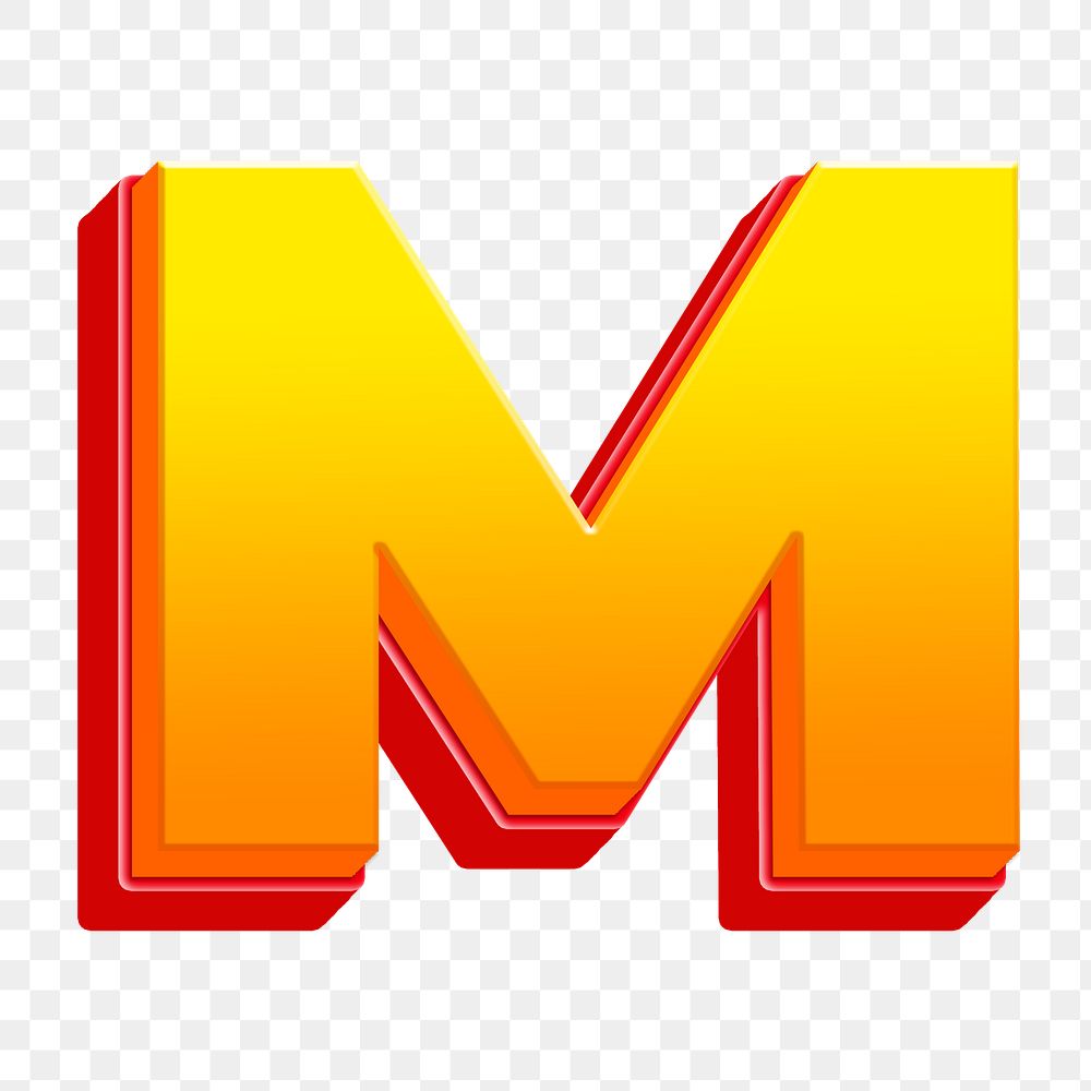 Letter M png 3D yellow layer font, transparent background