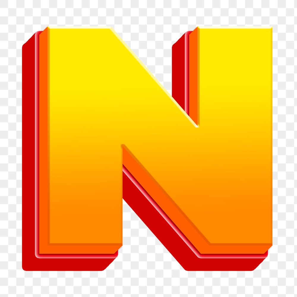 Letter N png 3D yellow layer font, transparent background