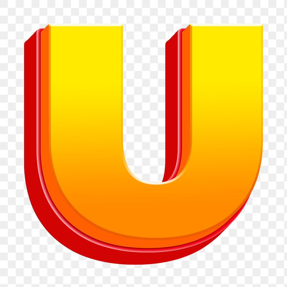 Letter U png 3D yellow layer font, transparent background
