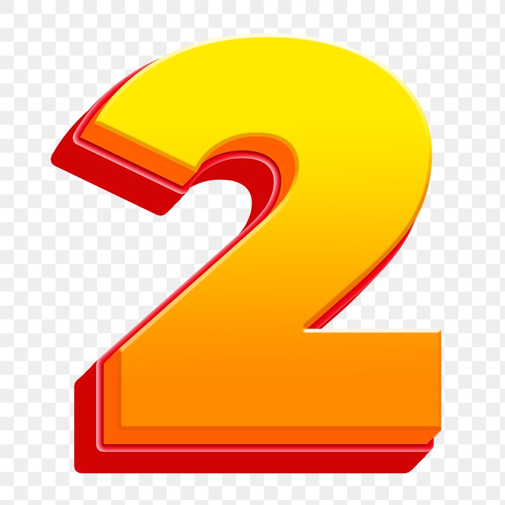 Number 2 png 3D yellow layer font, transparent background