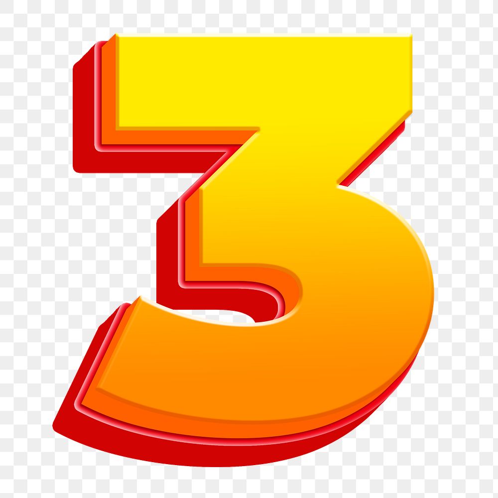 Number 3 png 3D yellow layer font, transparent background