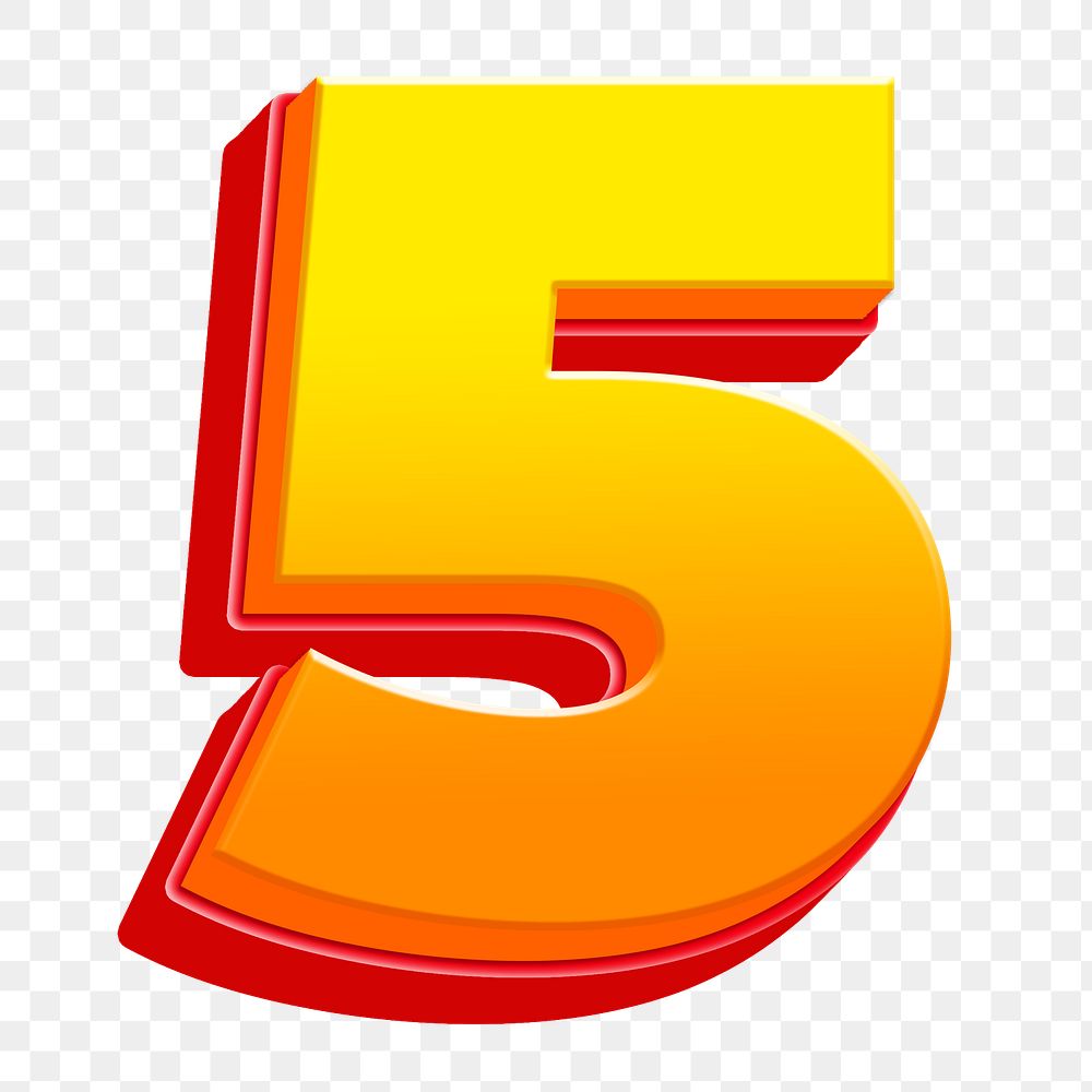 Number 5 png 3D yellow layer font, transparent background